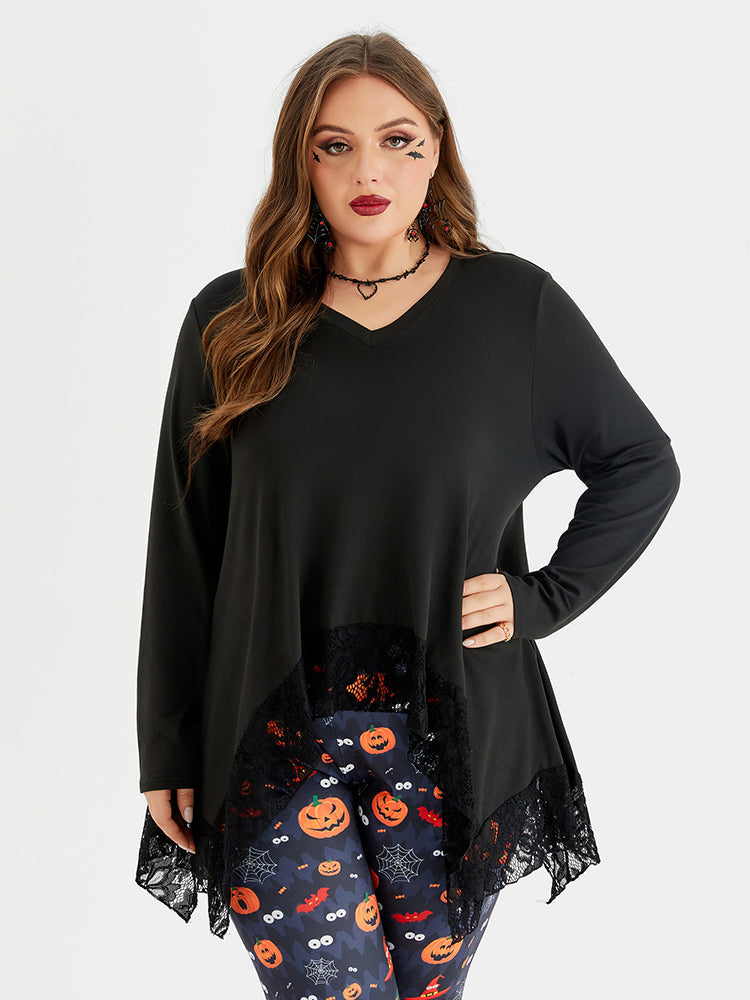VIP Halloween Contrast Lace Asymmetrical Hem Blouse