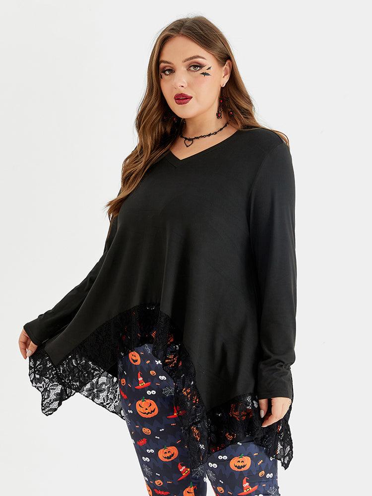 VIP Halloween Contrast Lace Asymmetrical Hem Blouse