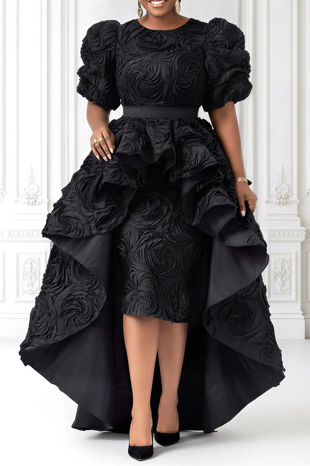 Xpluswear Design Plus Size Jacquard Formal Black Round Neck Puff Sleeve Short Sleeve With Skirt Overlay Midi Dresses