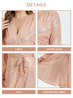 VIP V-Neck Lantern Sleeve Belted Sequin Dress