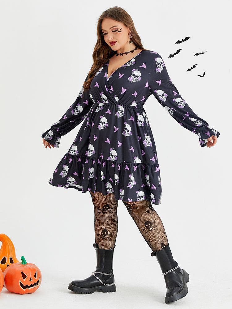 VIP Halloween Print Flounce Sleeve Pocket Ruffle Trim Dress