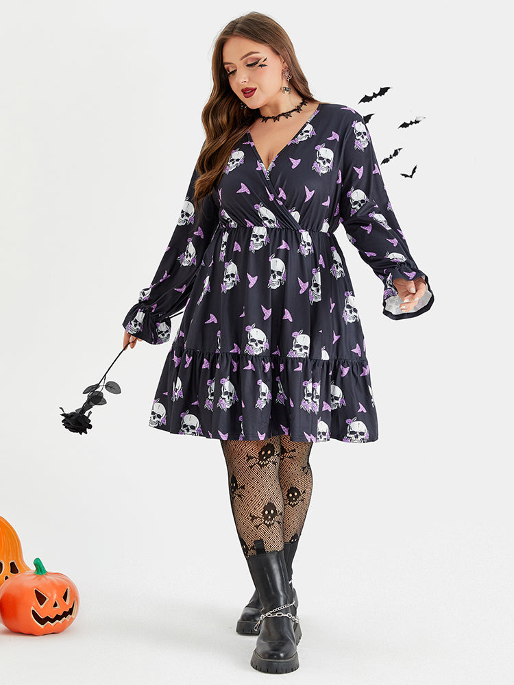 VIP Halloween Print Flounce Sleeve Pocket Ruffle Trim Dress