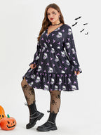 VIP Halloween Print Flounce Sleeve Pocket Ruffle Trim Dress