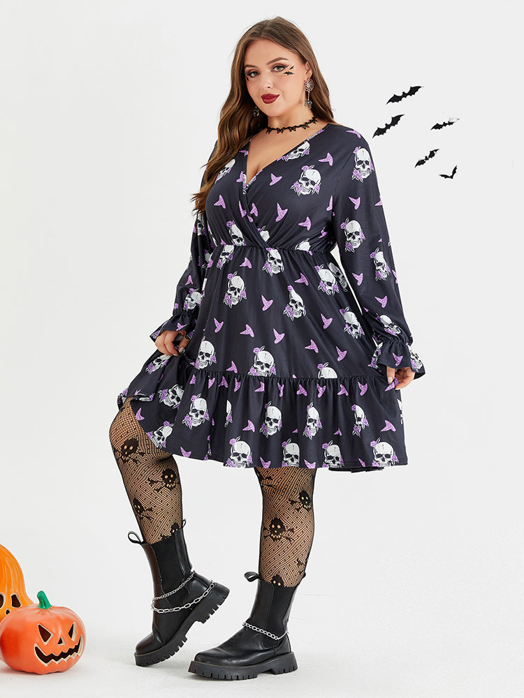 VIP Halloween Print Flounce Sleeve Pocket Ruffle Trim Dress