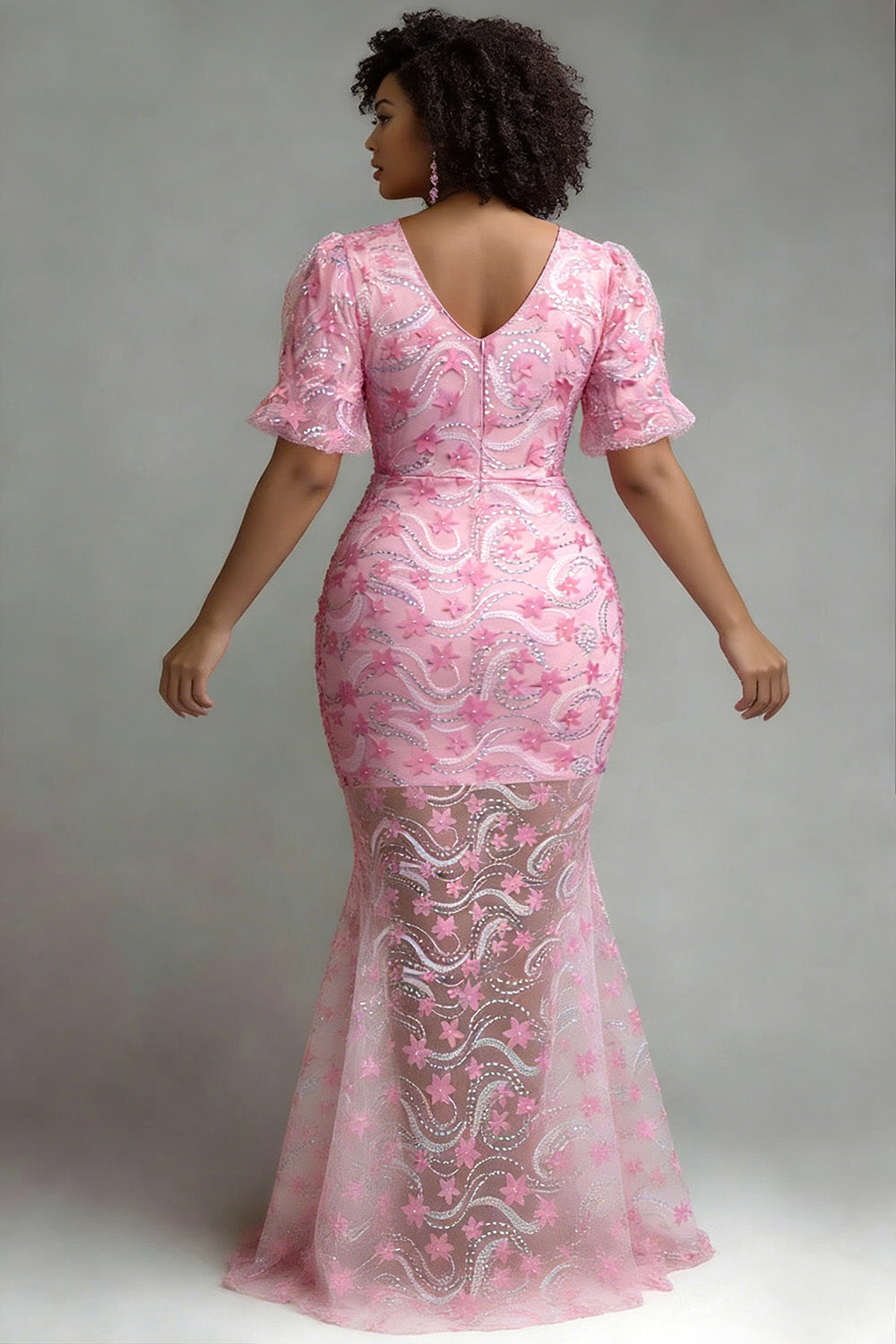 Xpluswear Design Plus Size Formal Pink V Neck Short Sleeve 3D Elegant Mermaid Maxi Dresses