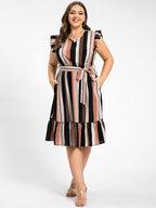 VIP Plus Colorblock Striped Flutter Sleeve Belted Midi Dress
