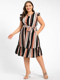 VIP Plus Colorblock Striped Flutter Sleeve Belted Midi Dress
