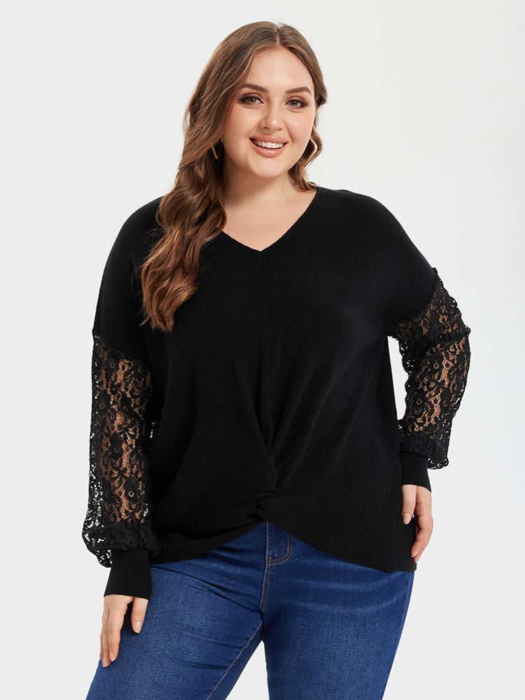 VIP V-Neck Contrast Lace Sleeve Twist Tee