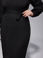 VIP Plus Black Solid Tie Lantern Sleeves Midi Knit Dress
