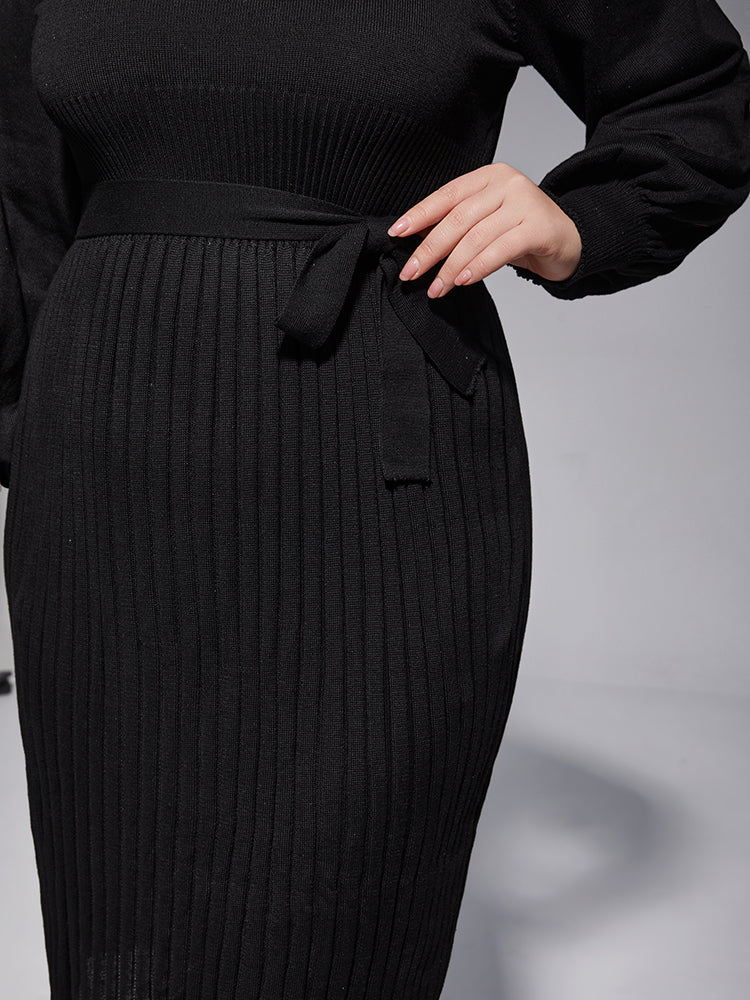 VIP Plus Black Solid Tie Lantern Sleeves Midi Knit Dress
