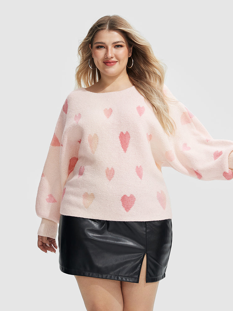 Heart Pattern Boat Neck Sweater