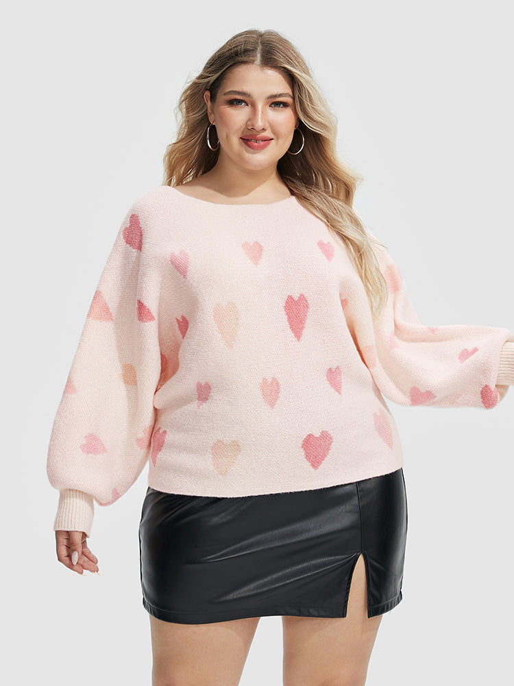 Heart Pattern Boat Neck Sweater