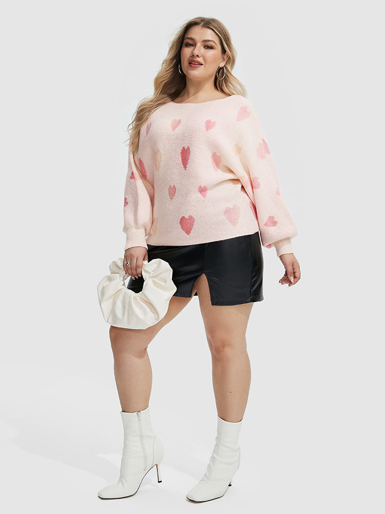Heart Pattern Boat Neck Sweater