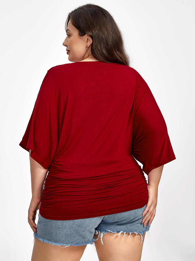 VIP Plus Plain Crisscross V Neck Ruched Hem Tee