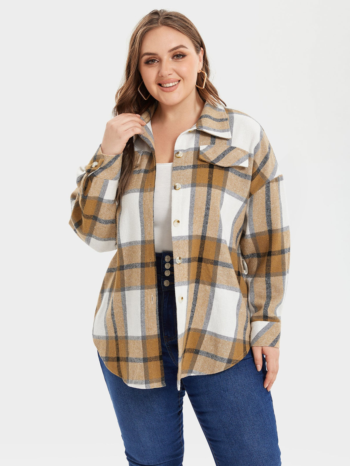 Plaid Print Flap Detail Drop Shoulder Blouse
