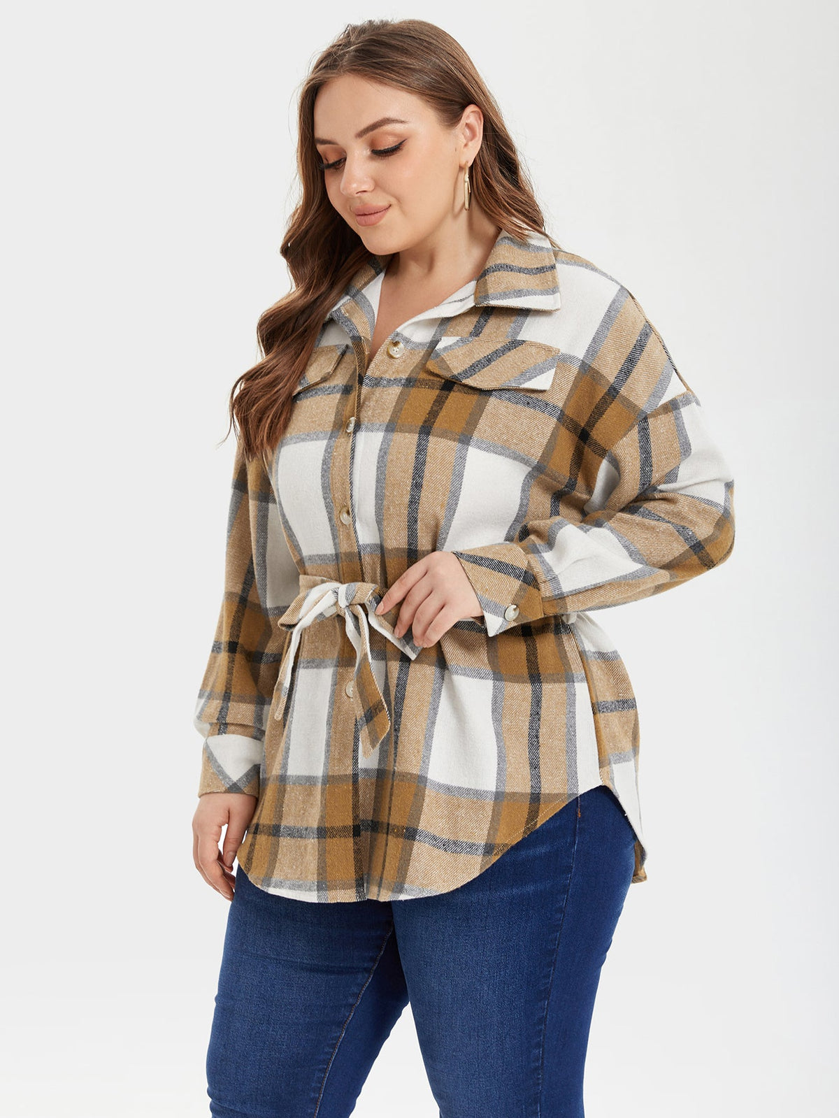 Plaid Print Flap Detail Drop Shoulder Blouse