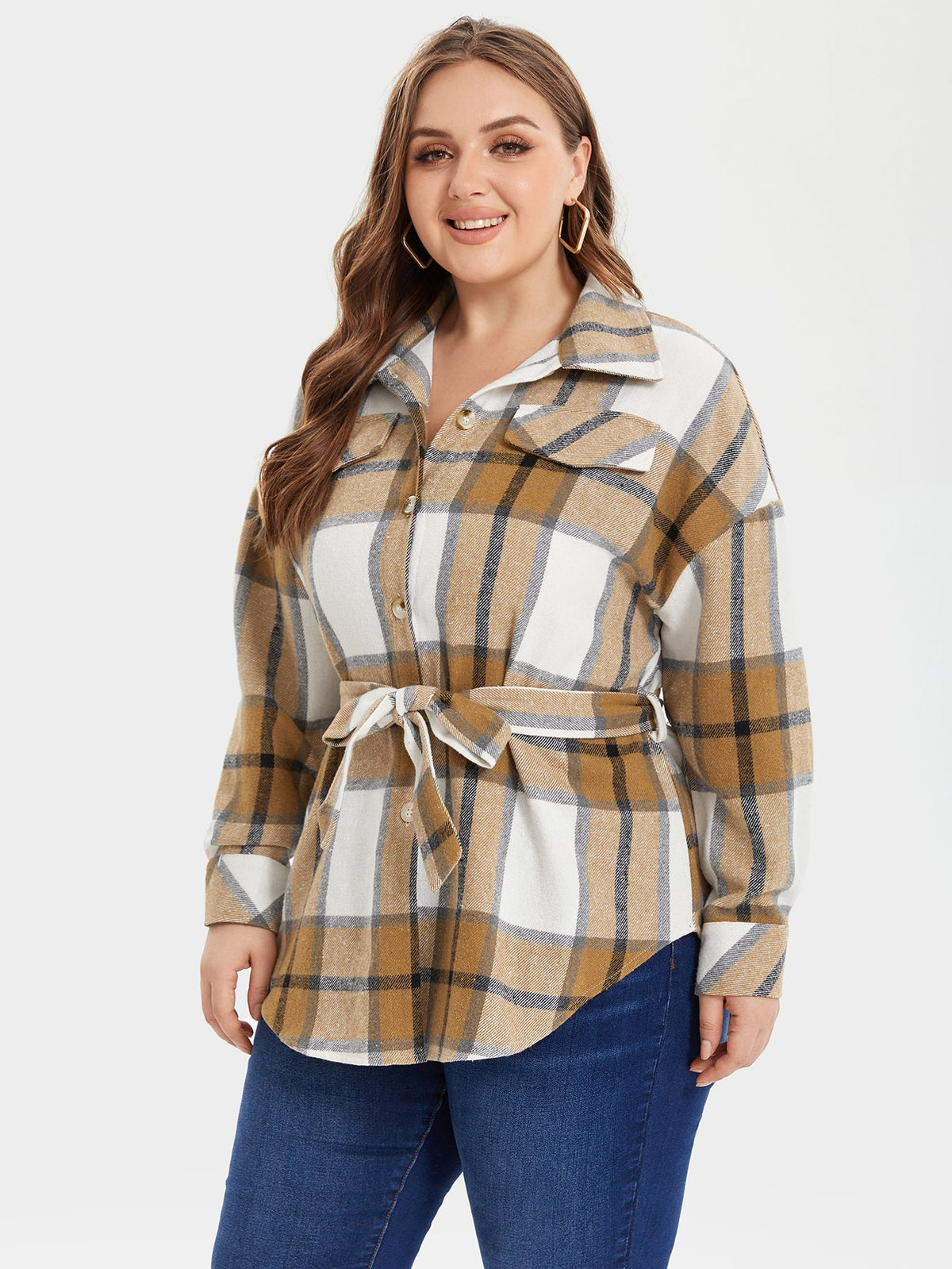 Plaid Print Flap Detail Drop Shoulder Blouse