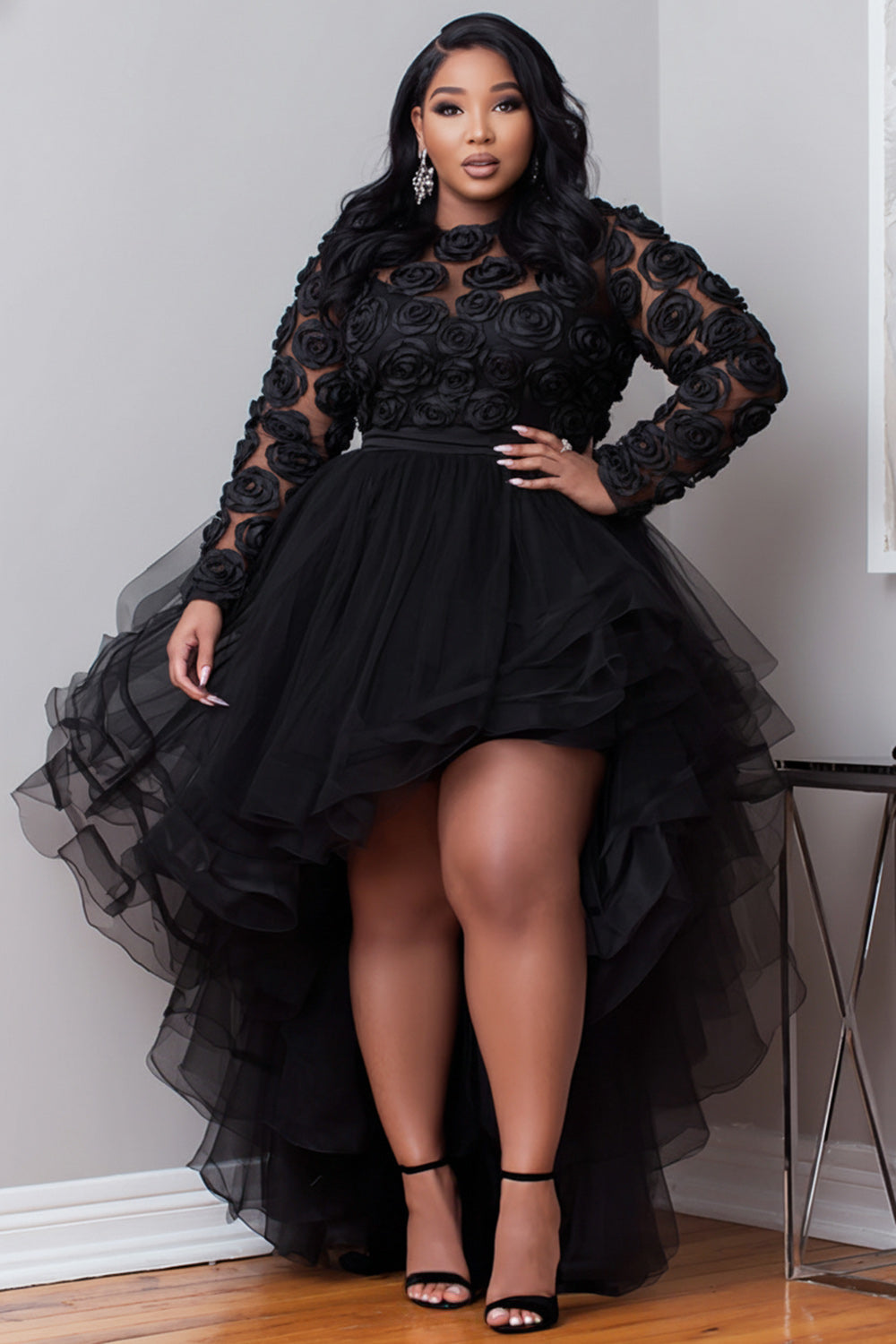 Xpluswear Design Plus Size Party Gold Round Neck Long Sleeve 3D Elegant High Low Hem Tulle Mini Dresses