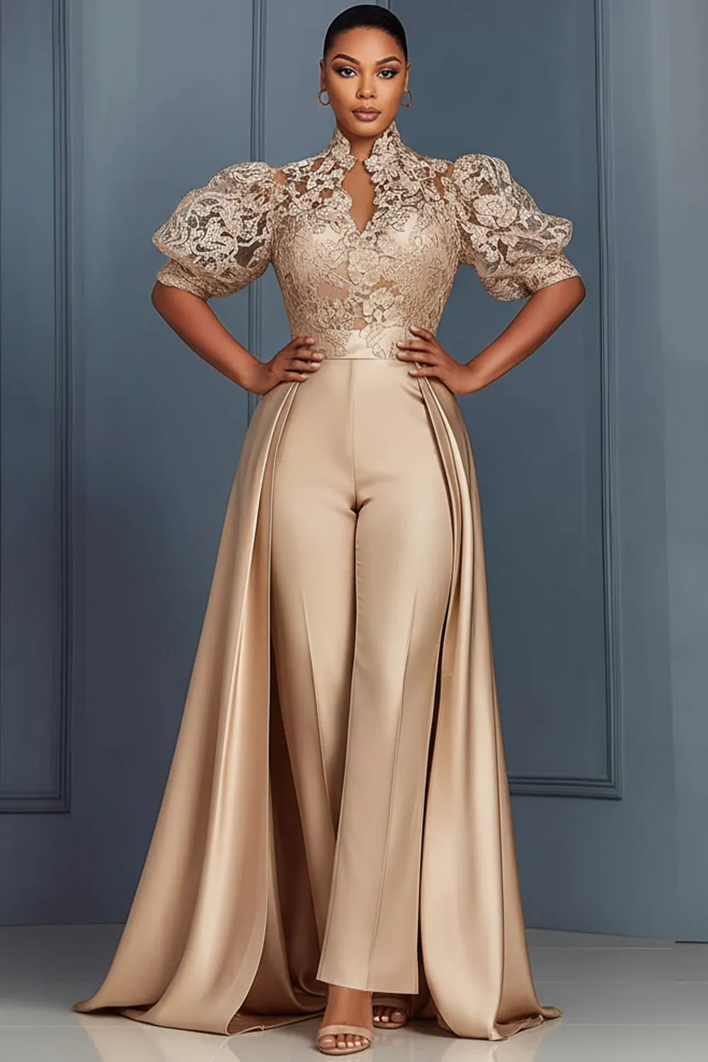 Xpluswear Design Plus Size Formal Satin Champagne Stand-Up Collar Puff Sleeve Short Sleeve Pocket With Skirt Overlay Lace Jumpsuits