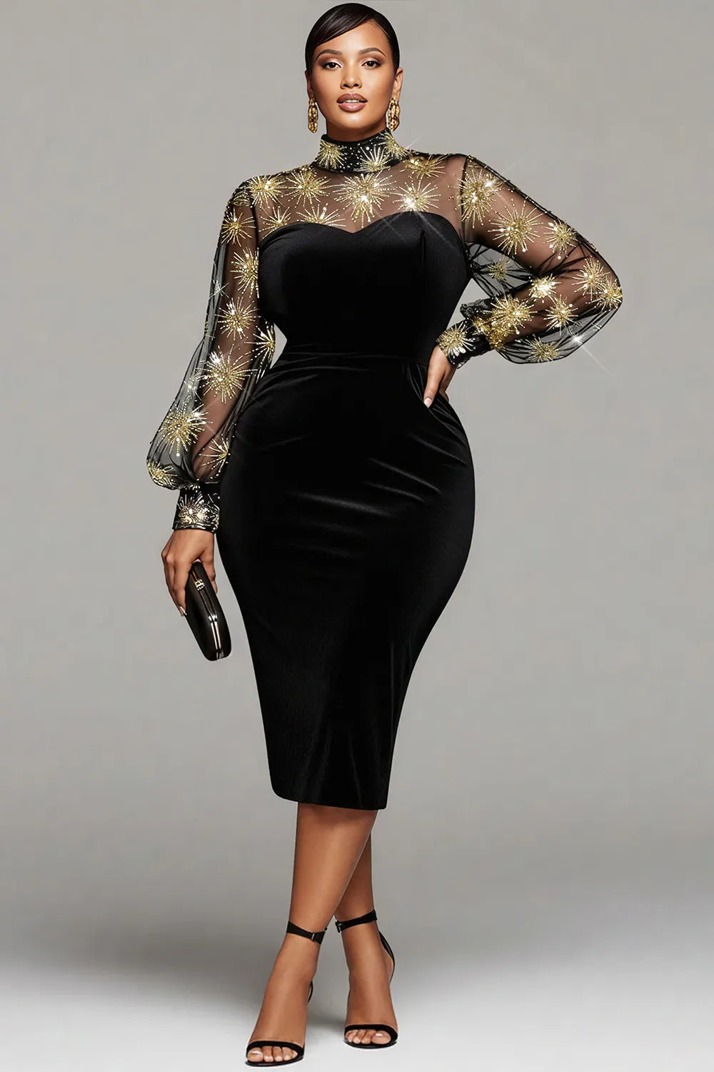 Xpluswear Design Plus Size Cocktail Party Black Mock Neck Lantern Sleeve Long Sleeve See Through Elegant Bodycon Velvet Midi Dresses