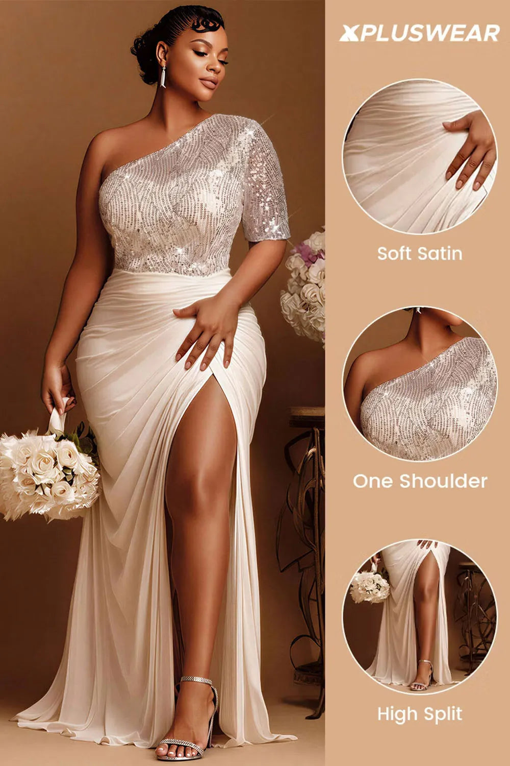 Xpluswear Design Plus Size Wedding Ivory One Shoulder Split Drilling Satin Maxi Dresses