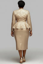 Xpluswear Design Plus Size Cocktail Party Lace Champagne V Neck Long Sleeve Ruffle Bodycon Satin Two Piece Skirt Sets