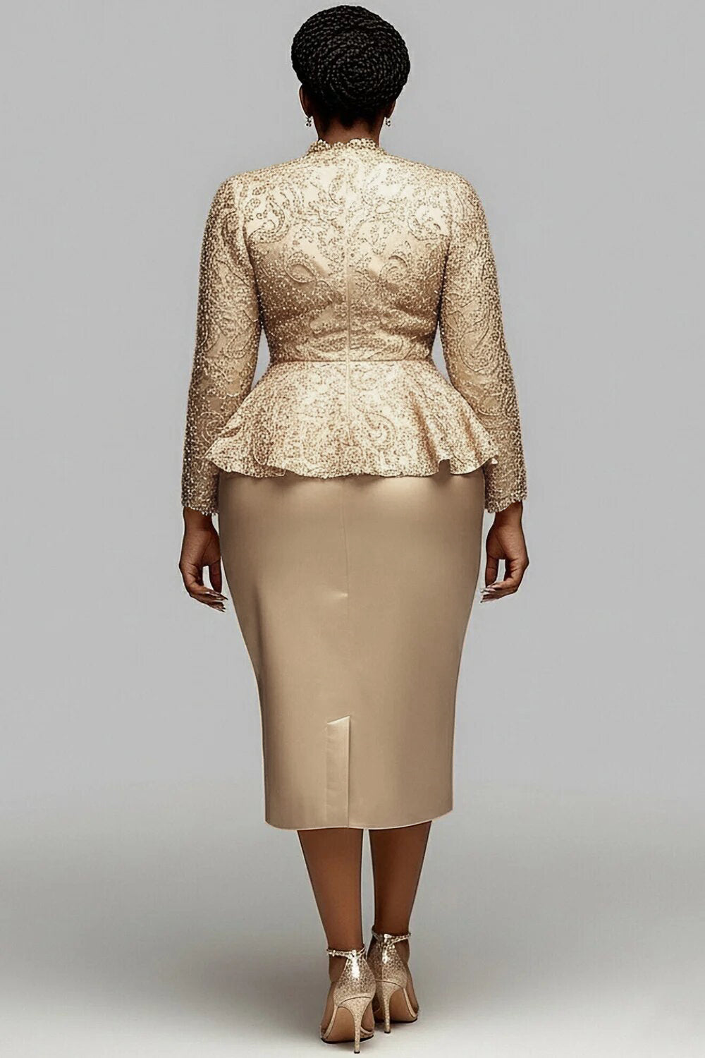 Xpluswear Design Plus Size Cocktail Party Lace Champagne V Neck Long Sleeve Ruffle Bodycon Satin Two Piece Skirt Sets