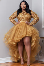 Xpluswear Design Plus Size Party Gold Round Neck Long Sleeve 3D Elegant High Low Hem Tulle Mini Dresses
