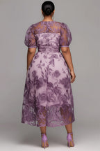 Xpluswear Design Plus Size Mother Of The Bride Purple Round Neck Puff Sleeve Short Sleeve See Through Lace Midi Dresses