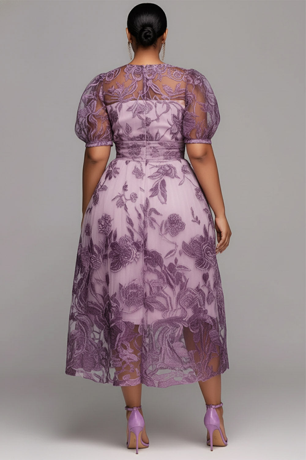 Xpluswear Design Plus Size Mother Of The Bride Purple Round Neck Puff Sleeve Short Sleeve See Through Lace Midi Dresses