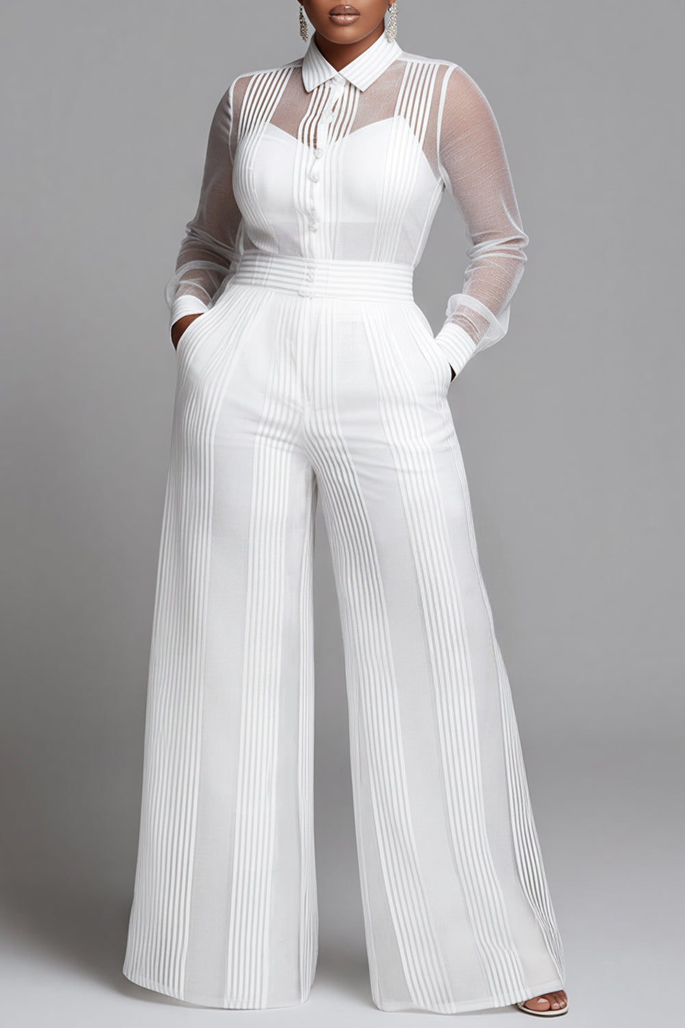 Xpluswear Design Plus Size Business Casual White Striped Shirt Collar Long Sleeve See Through Wide Leg Two Piece Pant Sets