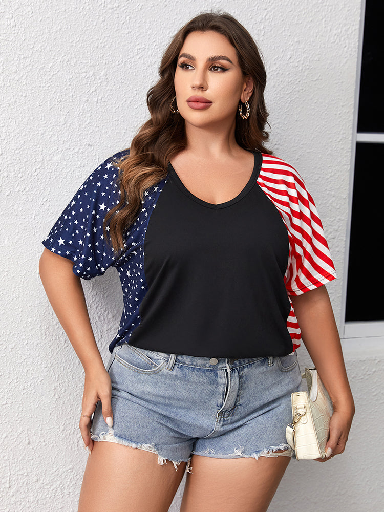 Plus Striped Star Patchwork V-Neck Tee
