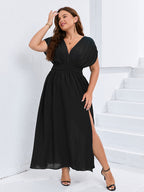 VIP V-Neck Dolman Sleeve Ruched Split Pocket Maxi Dress