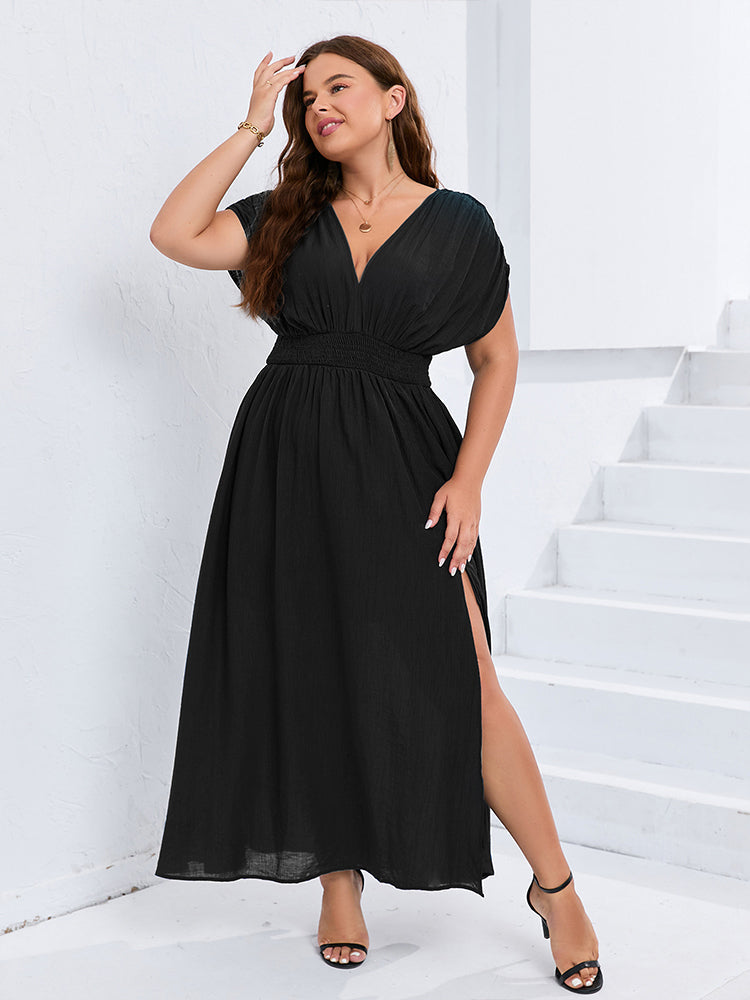 VIP V-Neck Dolman Sleeve Ruched Split Pocket Maxi Dress