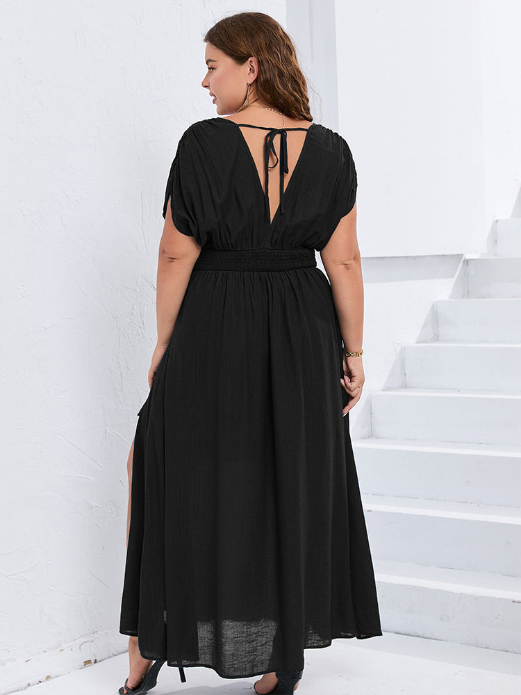 VIP V-Neck Dolman Sleeve Ruched Split Pocket Maxi Dress