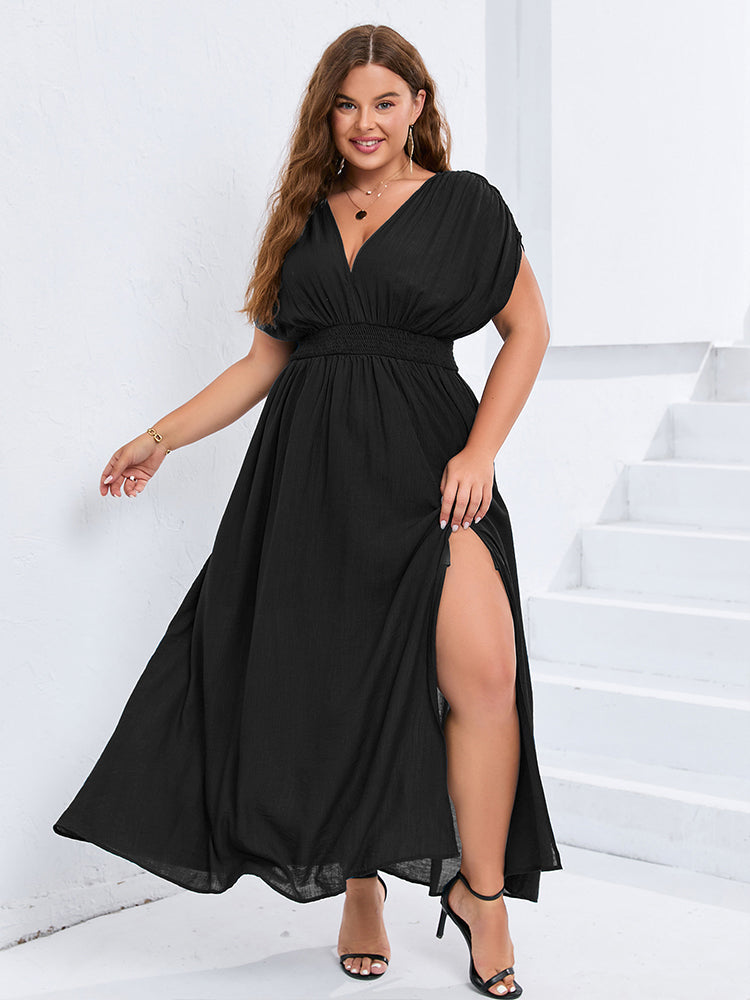 VIP V-Neck Dolman Sleeve Ruched Split Pocket Maxi Dress