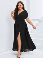 VIP V-Neck Dolman Sleeve Ruched Split Pocket Maxi Dress