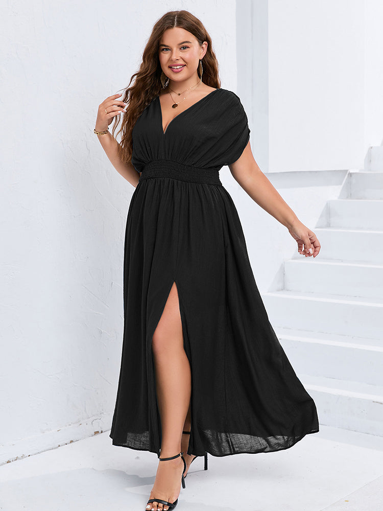 VIP V-Neck Dolman Sleeve Ruched Split Pocket Maxi Dress