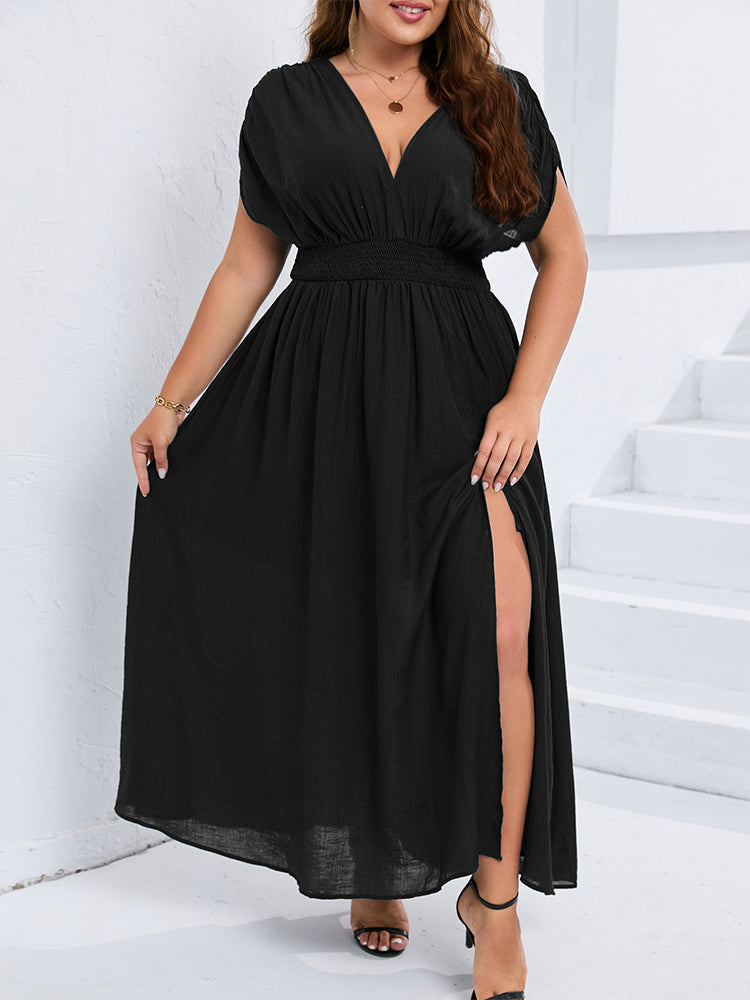 VIP V-Neck Dolman Sleeve Ruched Split Pocket Maxi Dress