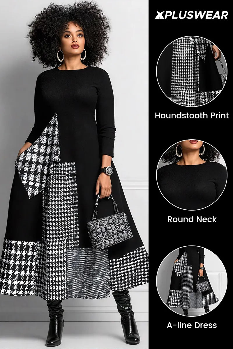 Xpluswear Design Plus Size Daily Black Houndstooth Round Neck Long Sleeve Pocket Elegant Maxi Dresses