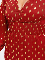 VIP Polka Dot Print V-Neck Lantern Sleeve Midi Dress