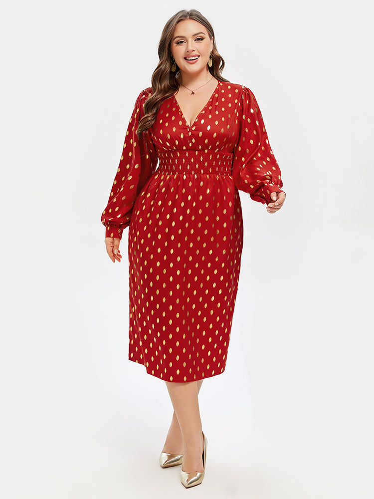 VIP Polka Dot Print V-Neck Lantern Sleeve Midi Dress
