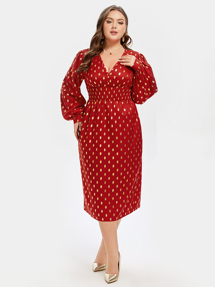 VIP Polka Dot Print V-Neck Lantern Sleeve Midi Dress