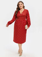 VIP Polka Dot Print V-Neck Lantern Sleeve Midi Dress
