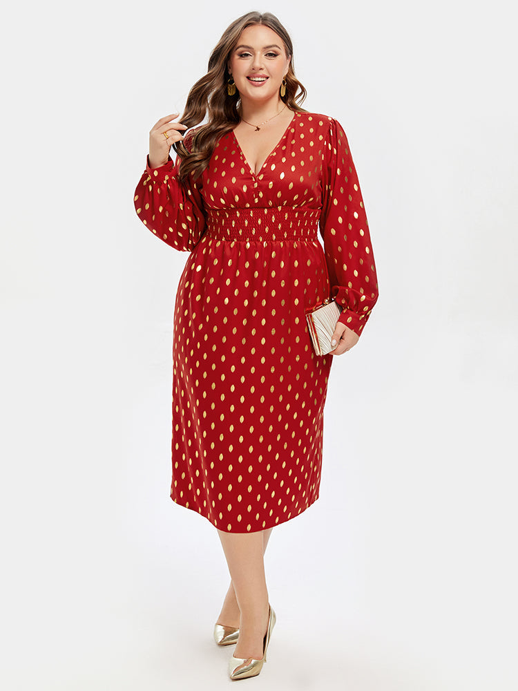 VIP Polka Dot Print V-Neck Lantern Sleeve Midi Dress