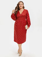 VIP Polka Dot Print V-Neck Lantern Sleeve Midi Dress
