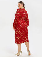 VIP Polka Dot Print V-Neck Lantern Sleeve Midi Dress