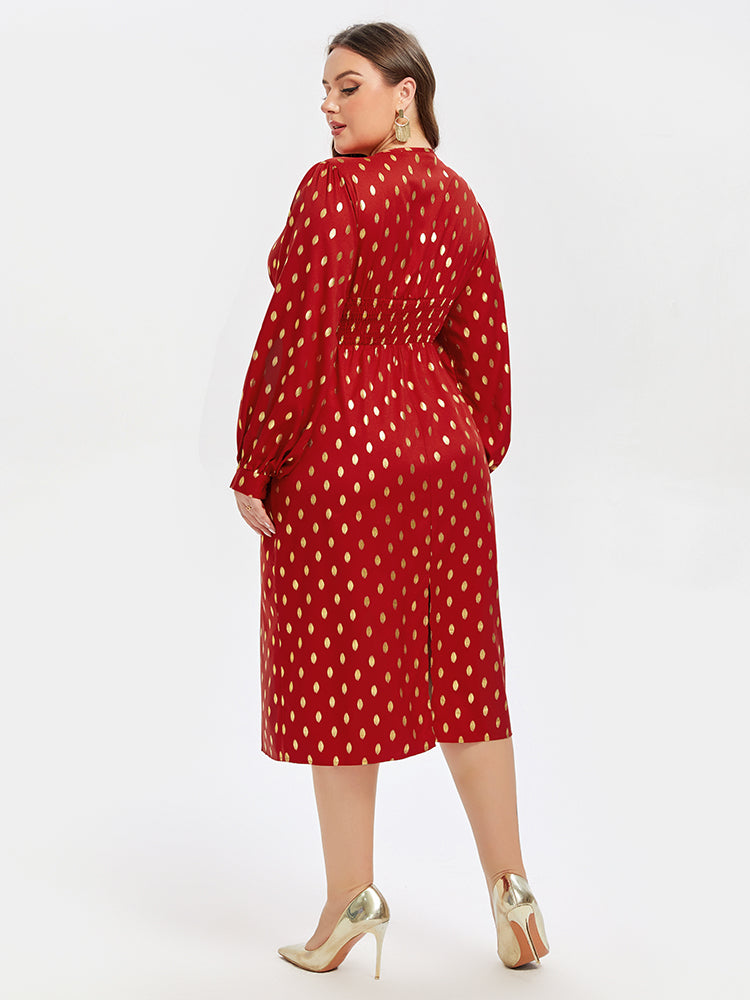 VIP Polka Dot Print V-Neck Lantern Sleeve Midi Dress