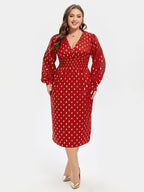 VIP Polka Dot Print V-Neck Lantern Sleeve Midi Dress