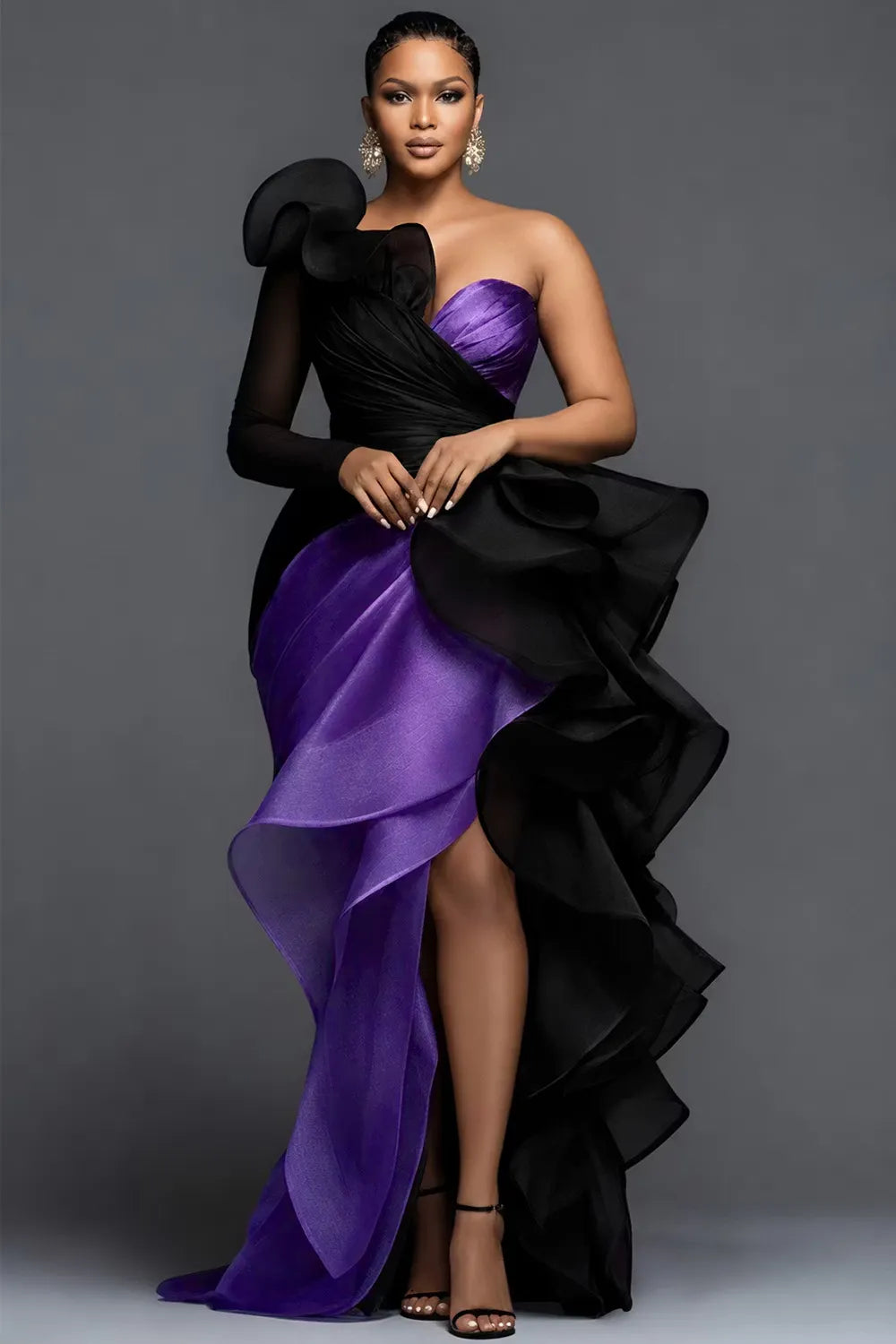 Xpluswear Design Plus Size Formal Purple Oblique Collar One Shoulder Long Sleeve Ruffle Elegant Asymmetric Hem Irregular Hem Maxi Dresses